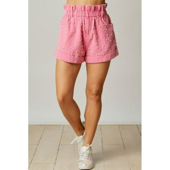 Pearly Girly Era Pearl Paperbag Shorts in Pink - Picture 2 of 7